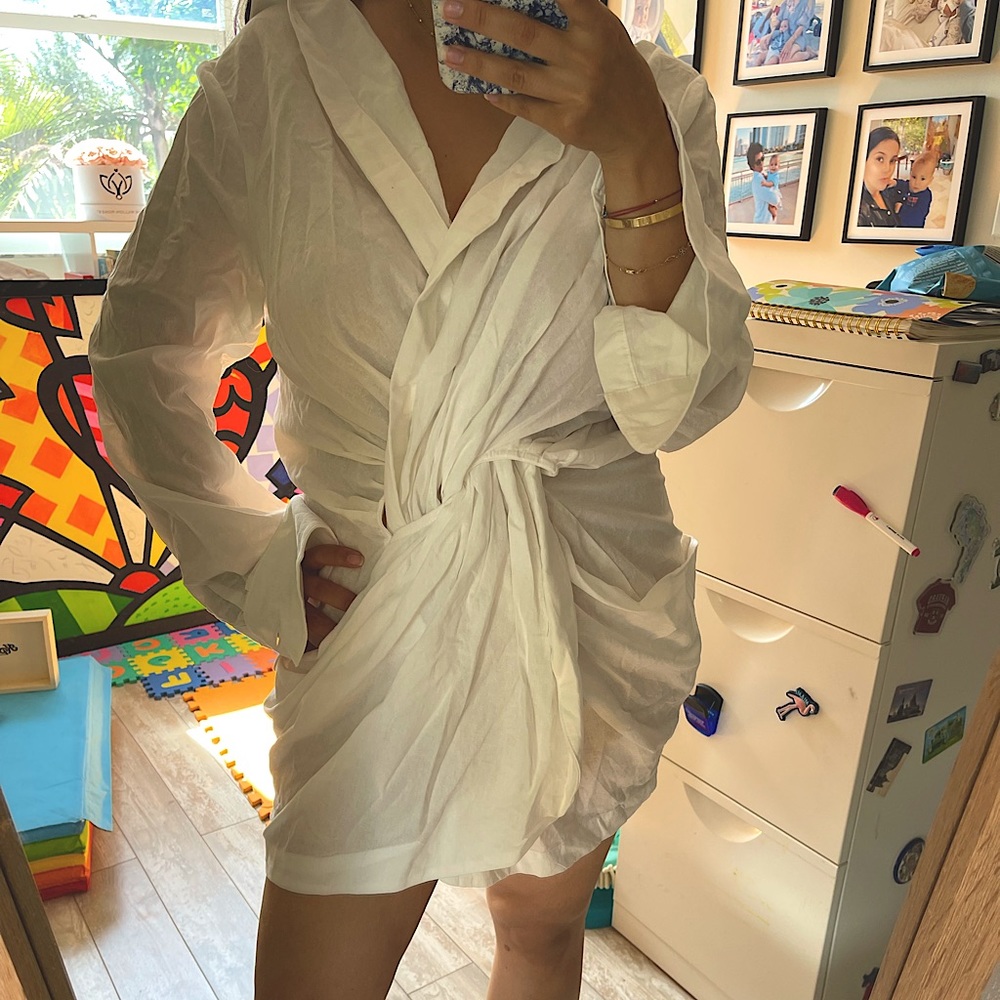 O Vianca New Boutique Women's Long Sleeve Linen V Neck Shirt Dress White Large